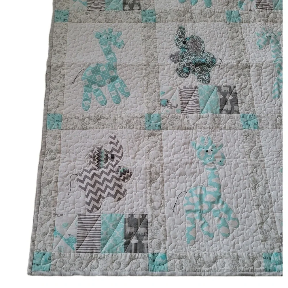 Handmade Baby Quilt Pillow Blue Gray White Elephant Giraffe Applique Nursery Art